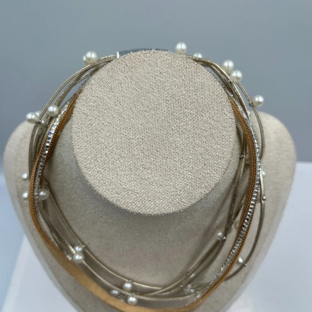 Vintage Multi-Strand Pearl Crystal Choker Necklace Magnetic Clasp Statement Boho